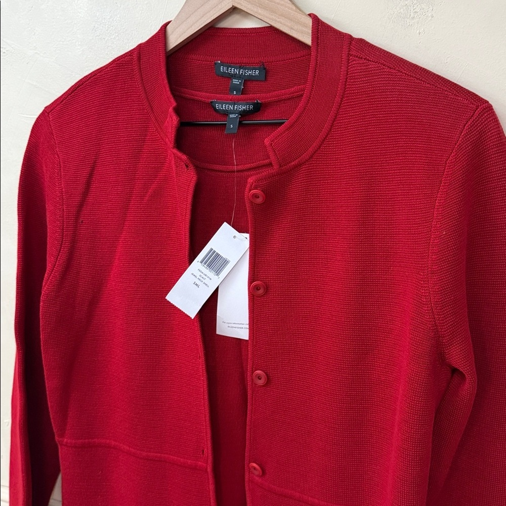 New! Eileen Fisher Silk Blend Stand Up Collar Red Sweater Set - Picture 5 of 8